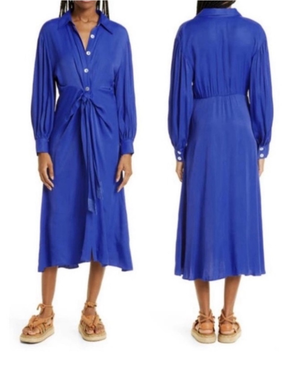 FARM Rio Cobalt Blue Tie-Waist Long Sleeve Midi Dress
